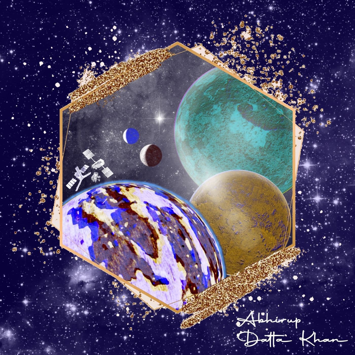 Mixed media space collage with planets, satellite, and gold leaf foil framed in a hexagonal shape against a starfield.