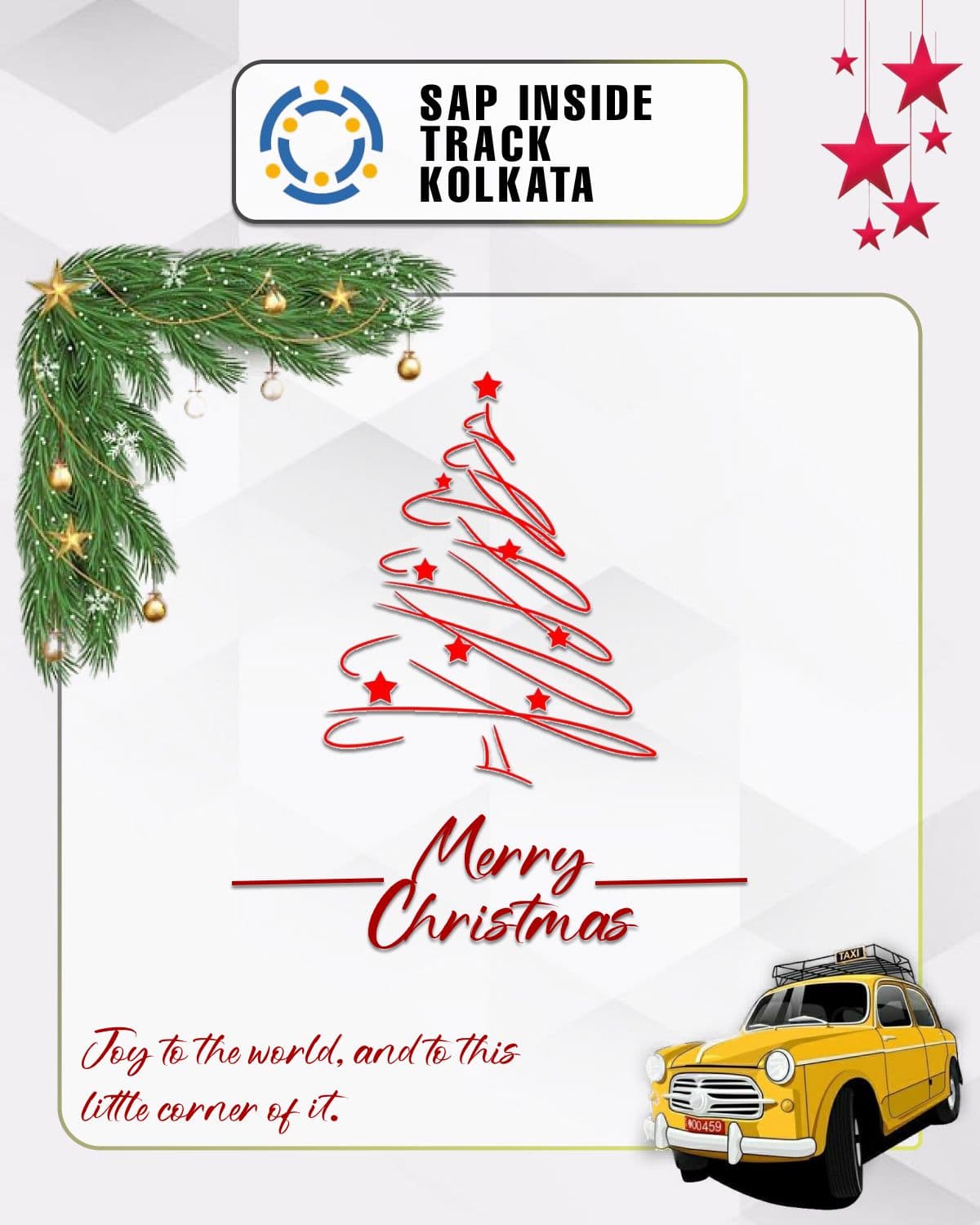 SAP Inside Track Kolkata Merry Christmas social post with red ribbon Christmas tree and Kolkata taxi.
