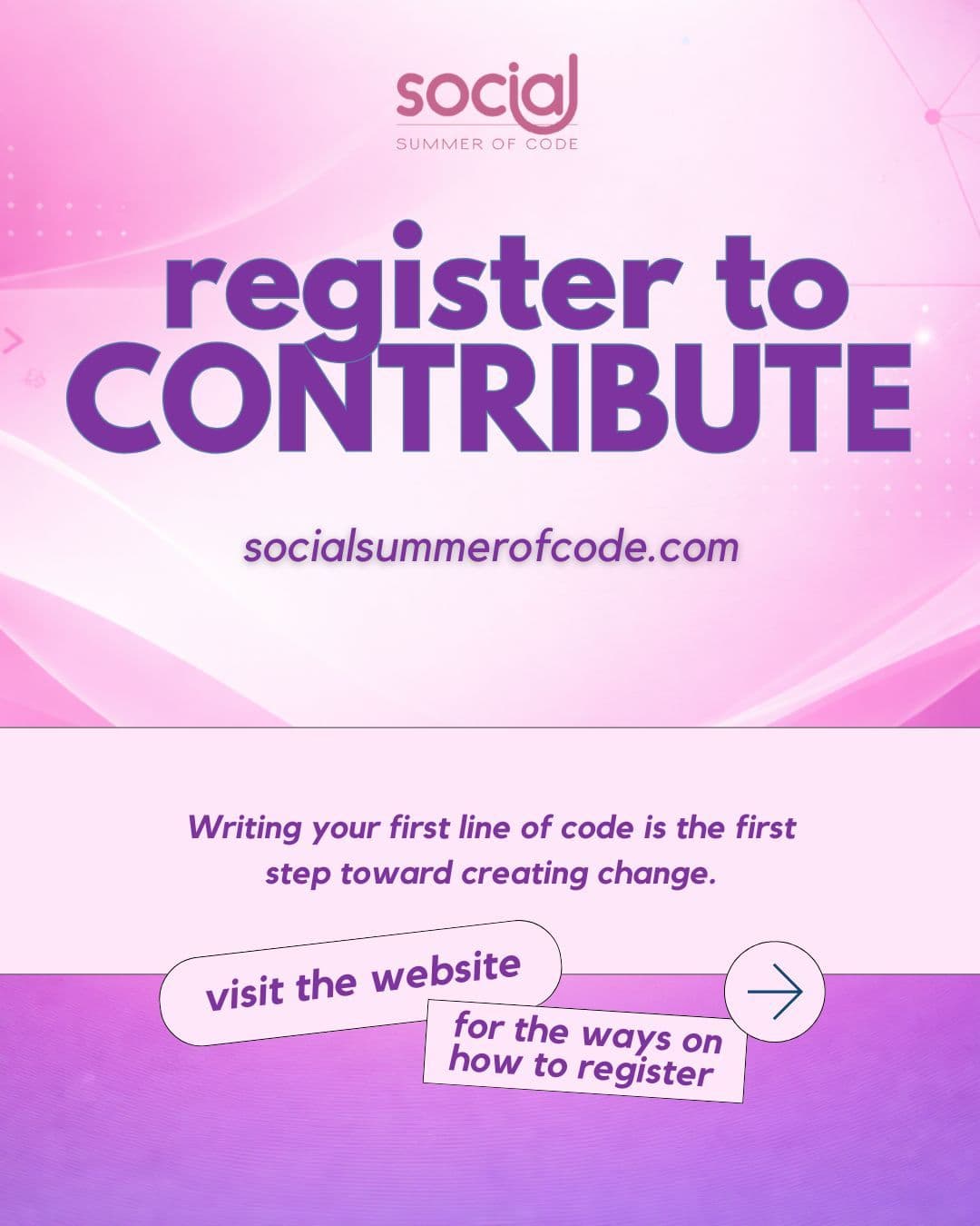 Social Summer of Code Register to Contribute social post with bold purple typography and call-to-action buttons.