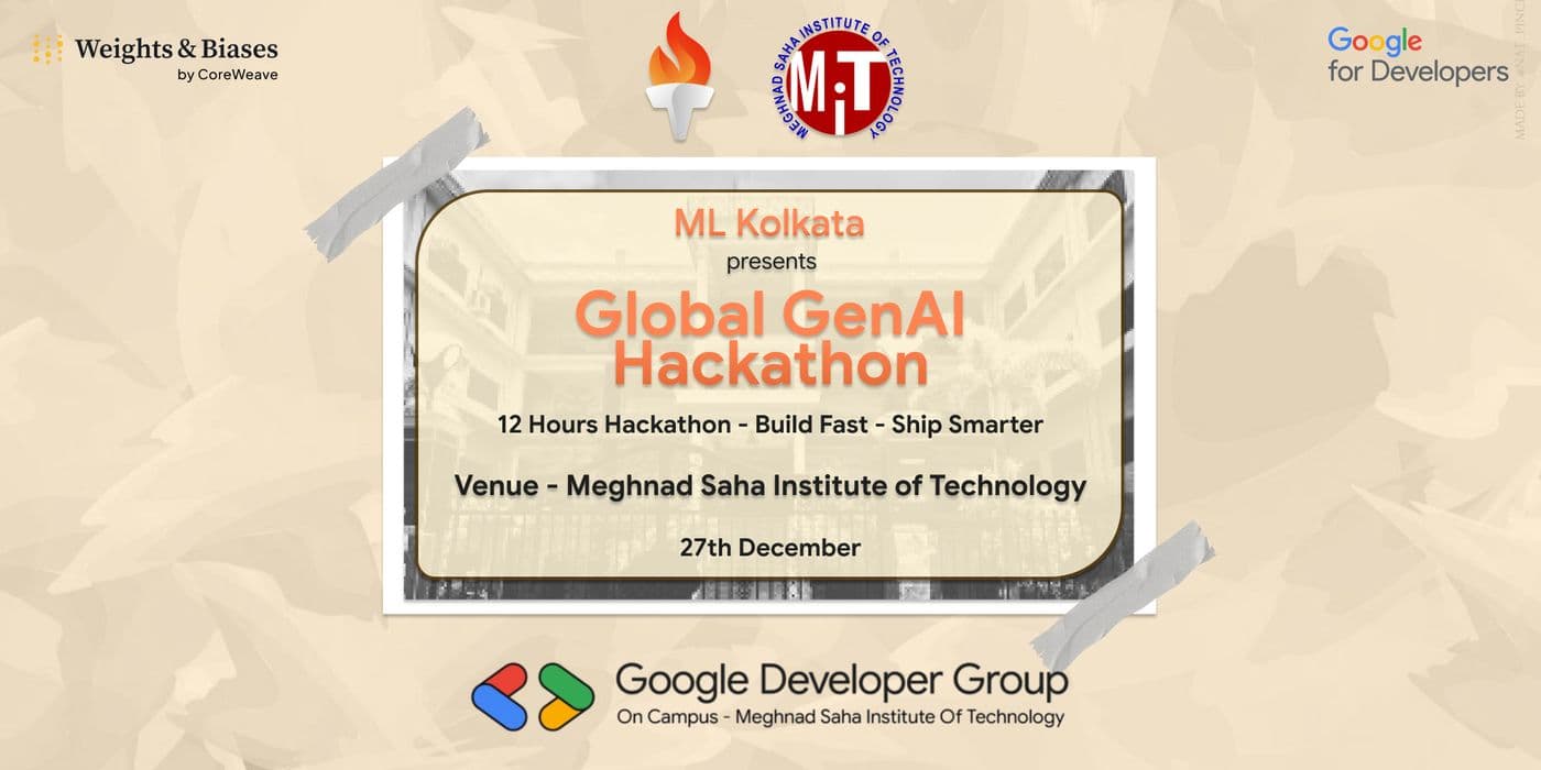 Global GenAI Hackathon banner v1 by ML Kolkata with sponsors Weights & Biases and Google for Developers.