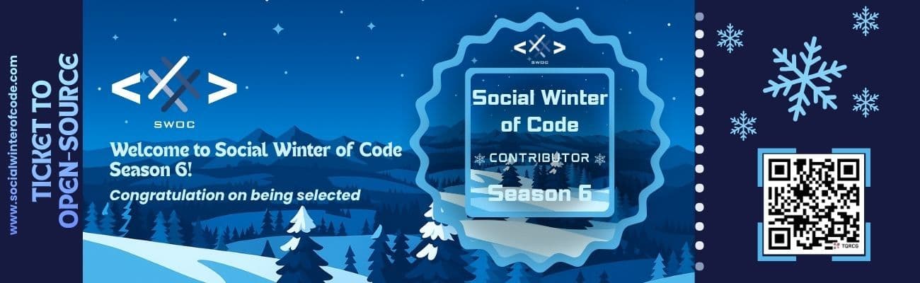 Social Winter of Code contributor ticket design with snowflake motifs and QR code, navy blue palette.